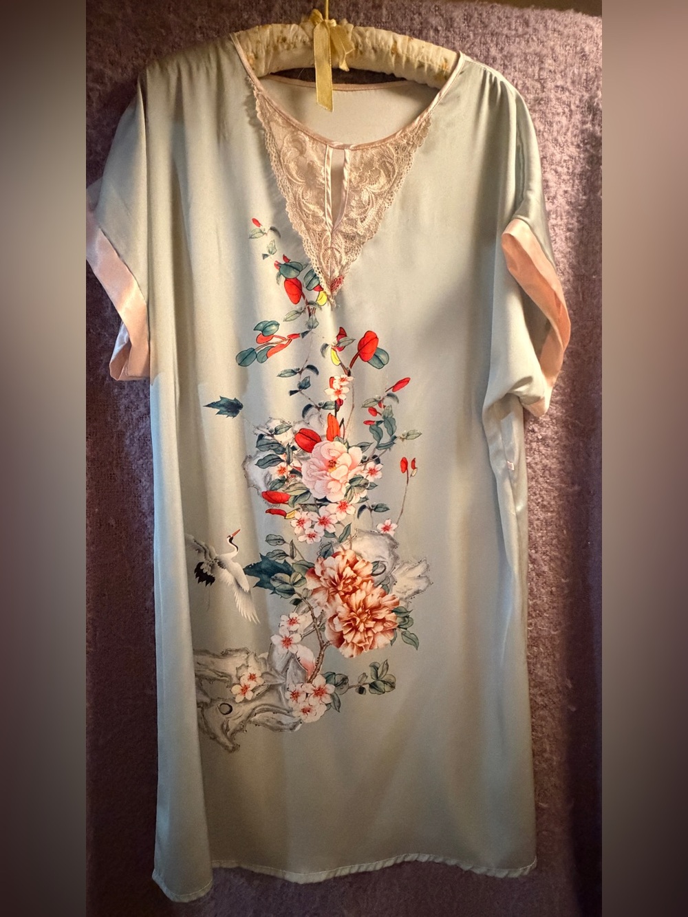 Vintage Satin Floral Crane Nightgown Lace V-Neck Loungedress Mint Pink